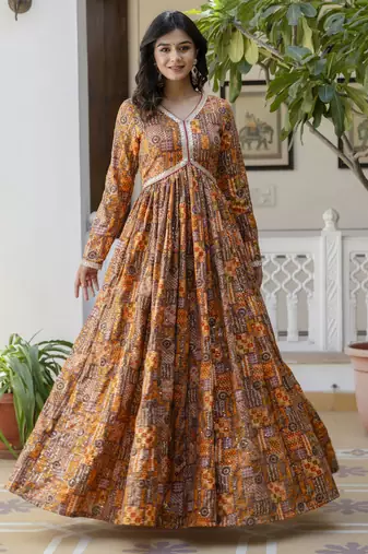 multicolor printed muslin  anarkali long kurtis with dupatta