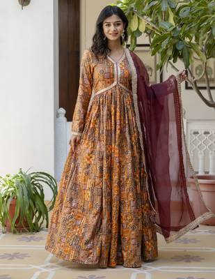 multicolor printed muslin  anarkali long kurtis with dupatta 5