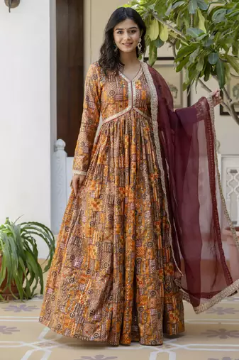 multicolor printed muslin  anarkali long kurtis with dupatta