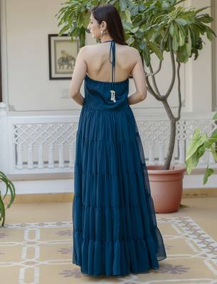 ftDiva Women blue printed georgette anarkali Sleeveless long kurti ( Wedding, Ceremony, Annyversary Gift, Festive, ) 3