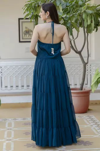 ftDiva Women blue printed georgette anarkali Sleeveless long kurti ( Wedding, Ceremony, Annyversary Gift, Festive, )