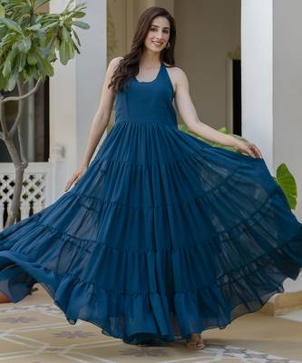 ftDiva Women blue printed georgette anarkali Sleeveless long kurti ( Wedding, Ceremony, Annyversary Gift, Festive, ) 4