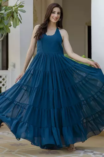 ftDiva Women blue printed georgette anarkali Sleeveless long kurti ( Wedding, Ceremony, Annyversary Gift, Festive, )