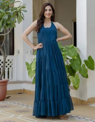 ftDiva Women blue printed georgette anarkali Sleeveless long kurti ( Wedding, Ceremony, Annyversary Gift, Festive, ) 1