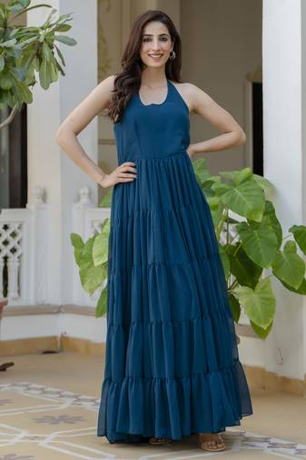 blue printed georgette anarkali long kurtis