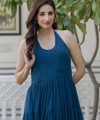 ftDiva Women blue printed georgette anarkali Sleeveless long kurti ( Wedding, Ceremony, Annyversary Gift, Festive, ) 5