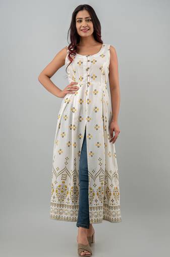 white printed viscose rayon anarkali long kurtis