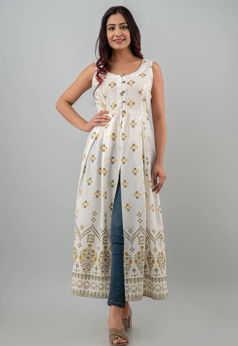 white printed viscose rayon anarkali long kurtis