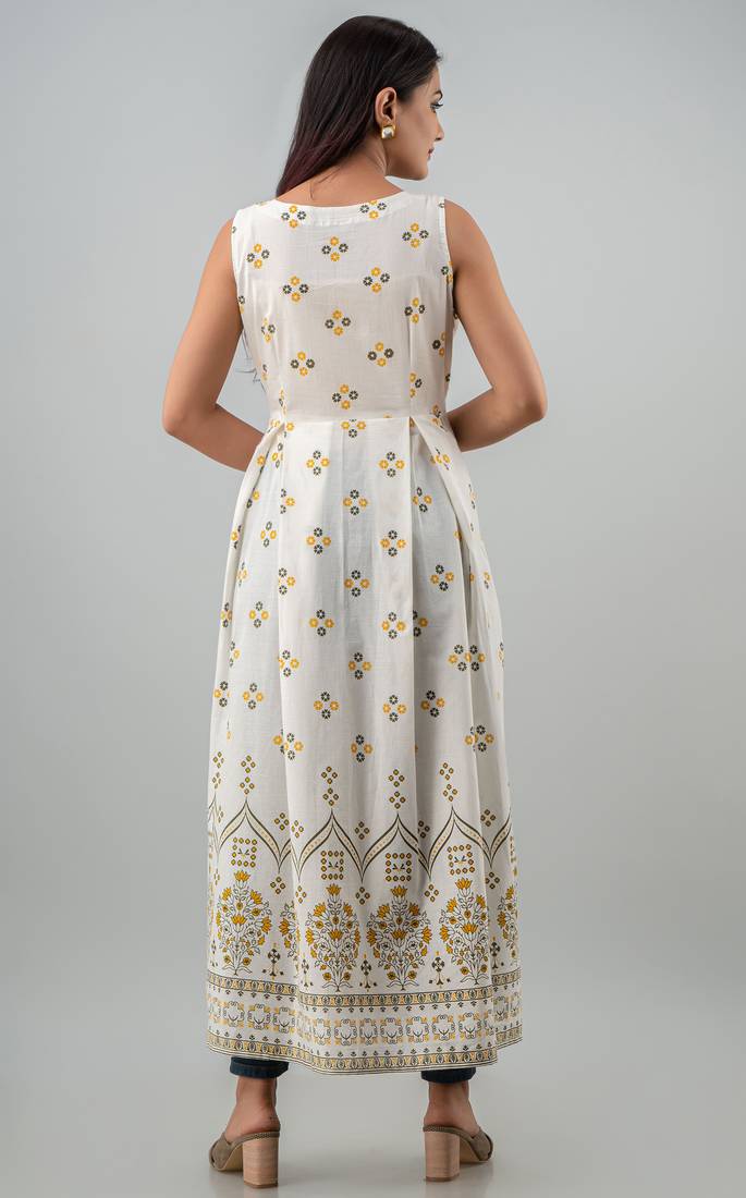 white printed viscose rayon anarkali long kurtis