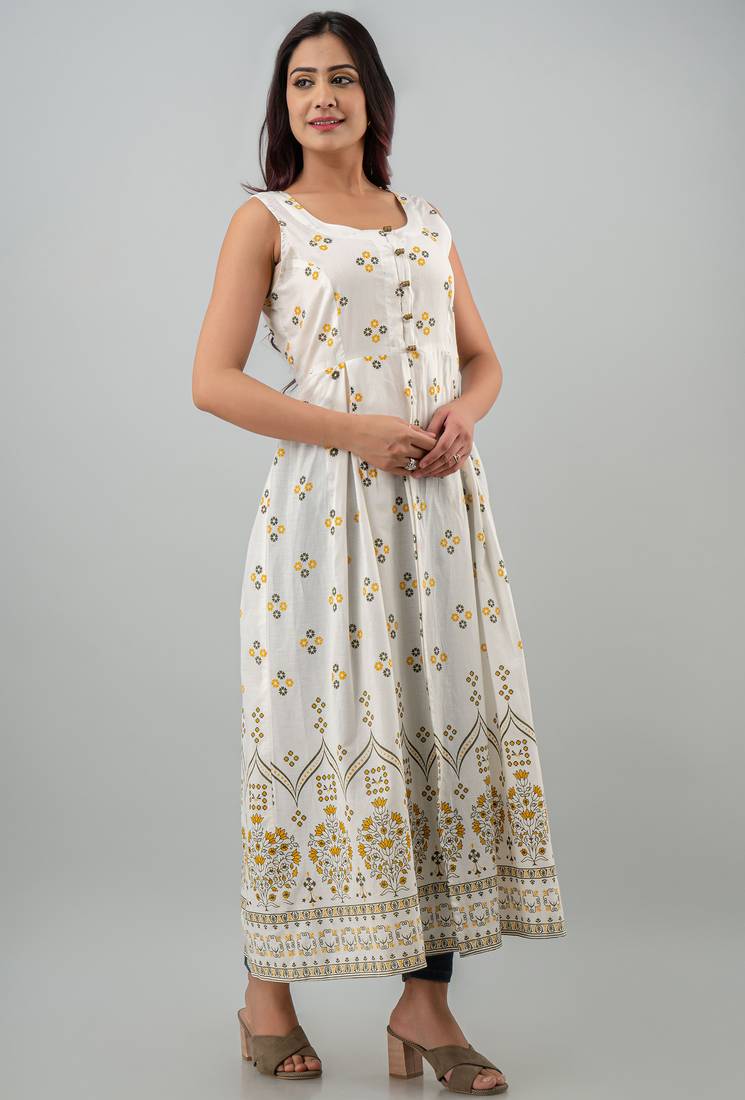 white printed viscose rayon anarkali long kurtis