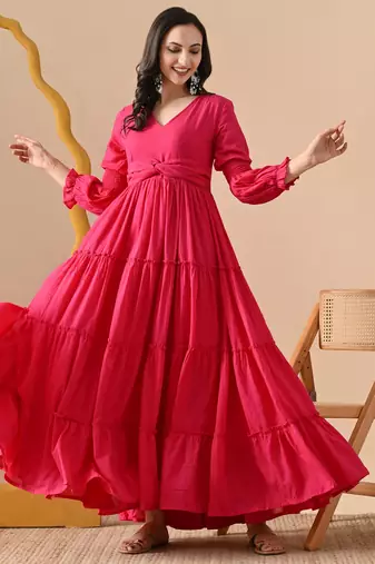 pink printed pure cotton anarkali long kurtis