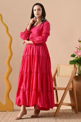 pink printed pure cotton anarkali long kurtis