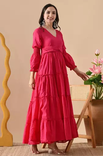 pink printed pure cotton anarkali long kurtis