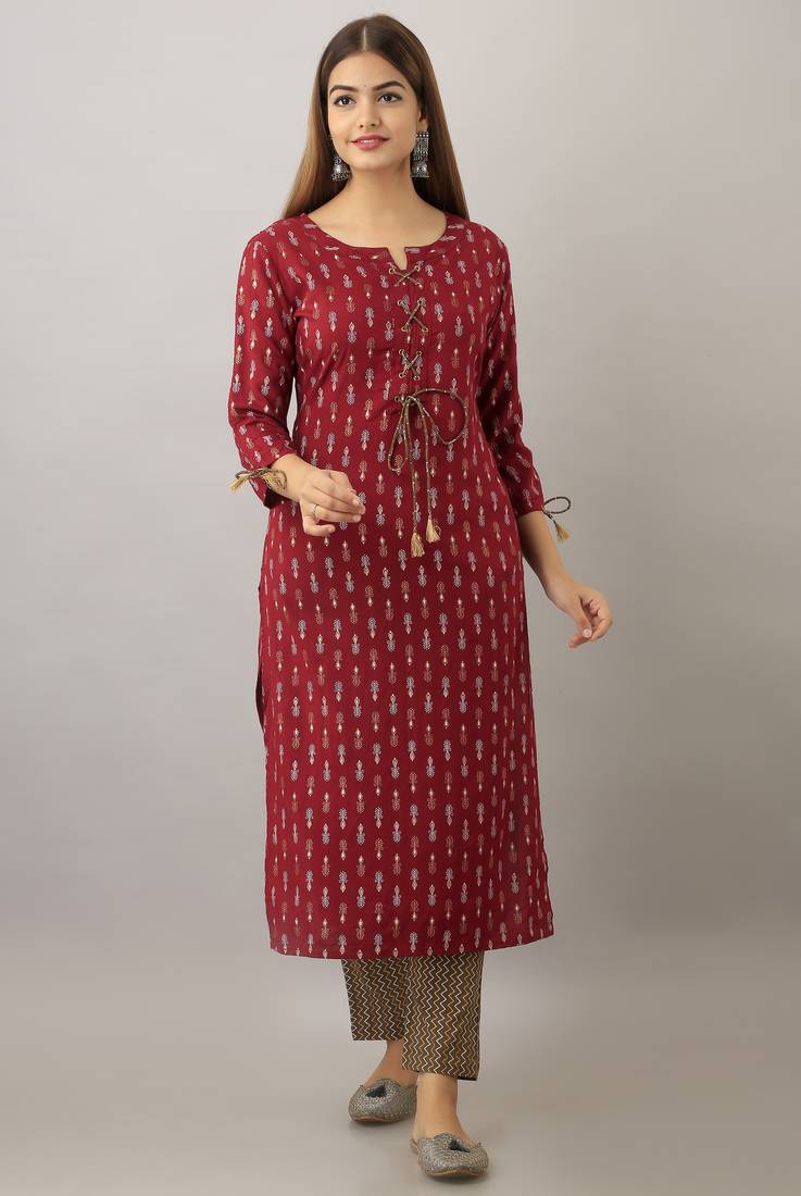  maroon  printed viscose rayon ethnic kurtis