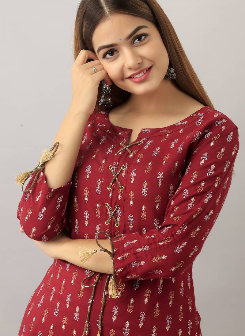 maroon  printed viscose rayon ethnic kurtis