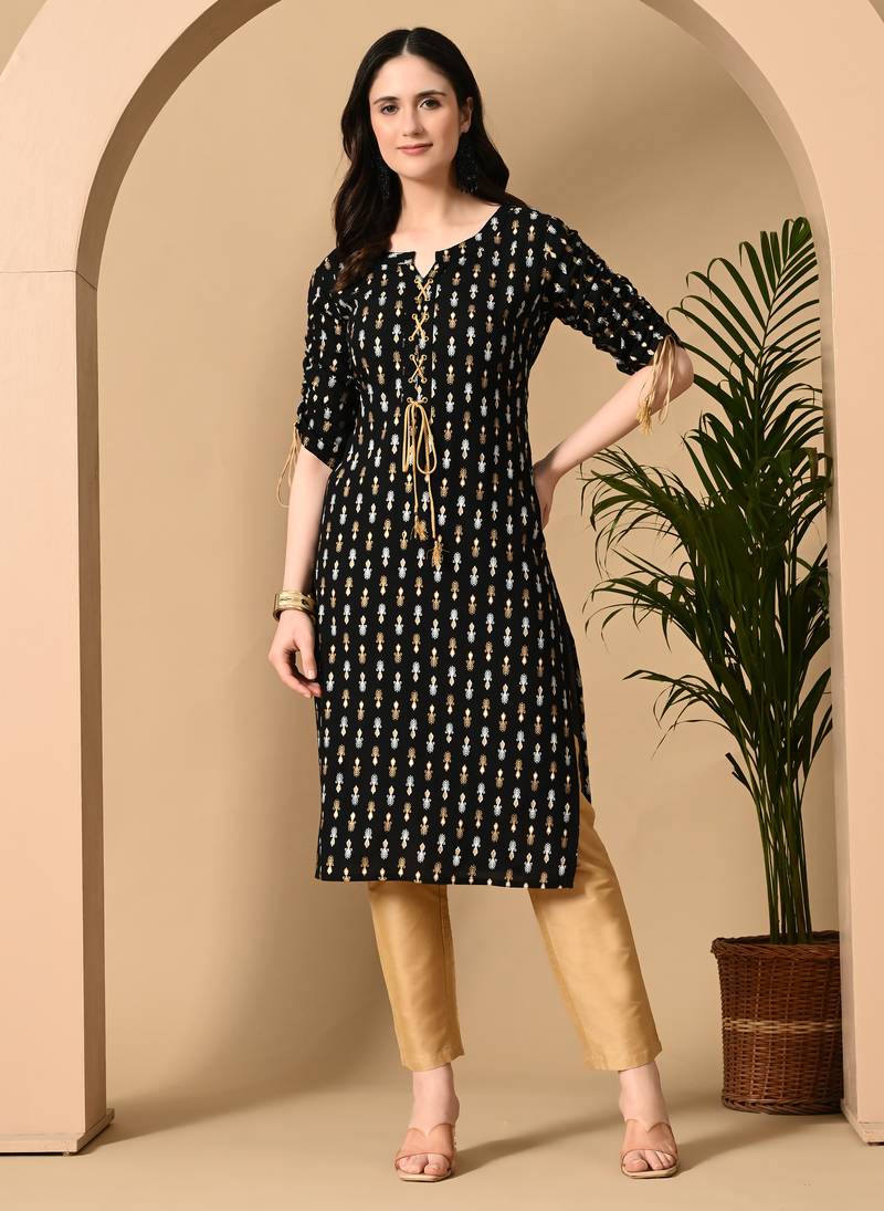  black  printed viscose rayon ethnic kurtis