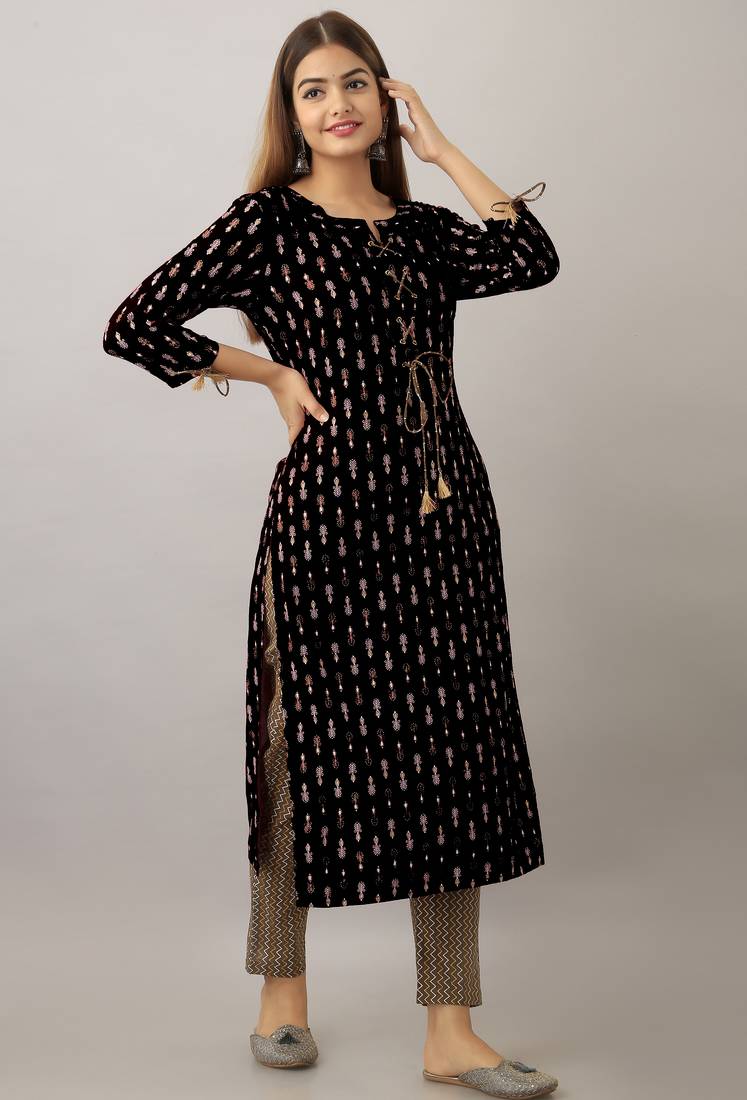  black  printed viscose rayon ethnic kurtis