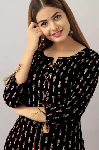  black  printed viscose rayon ethnic kurtis