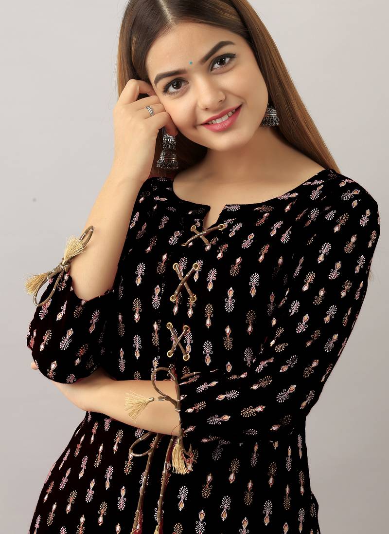  black  printed viscose rayon ethnic kurtis