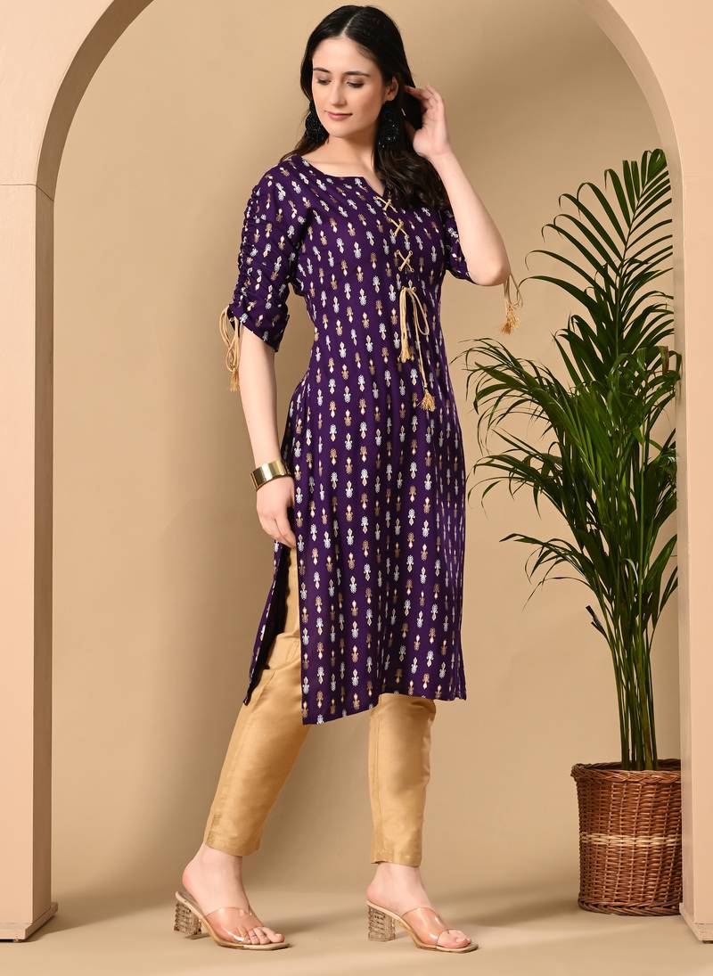  purple  printed viscose rayon ethnic kurtis