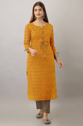 light yellow  printed viscose rayon ethnic kurtis