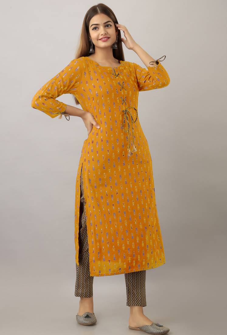 light yellow  printed viscose rayon ethnic kurtis