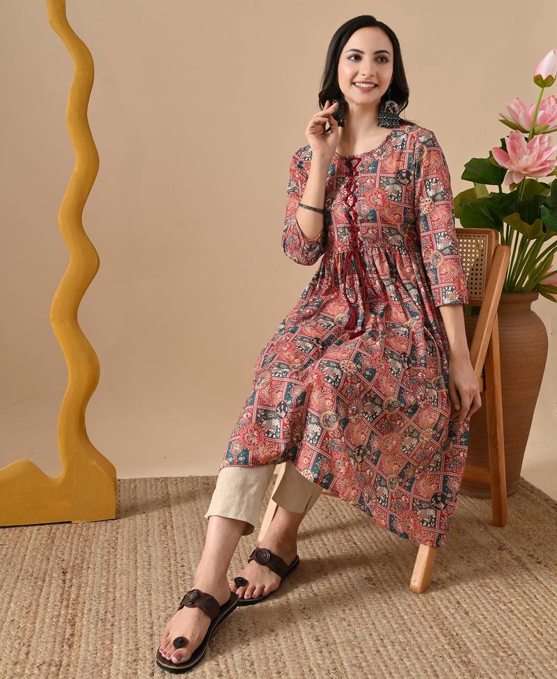 brown  printed viscose rayon ethnic kurtis