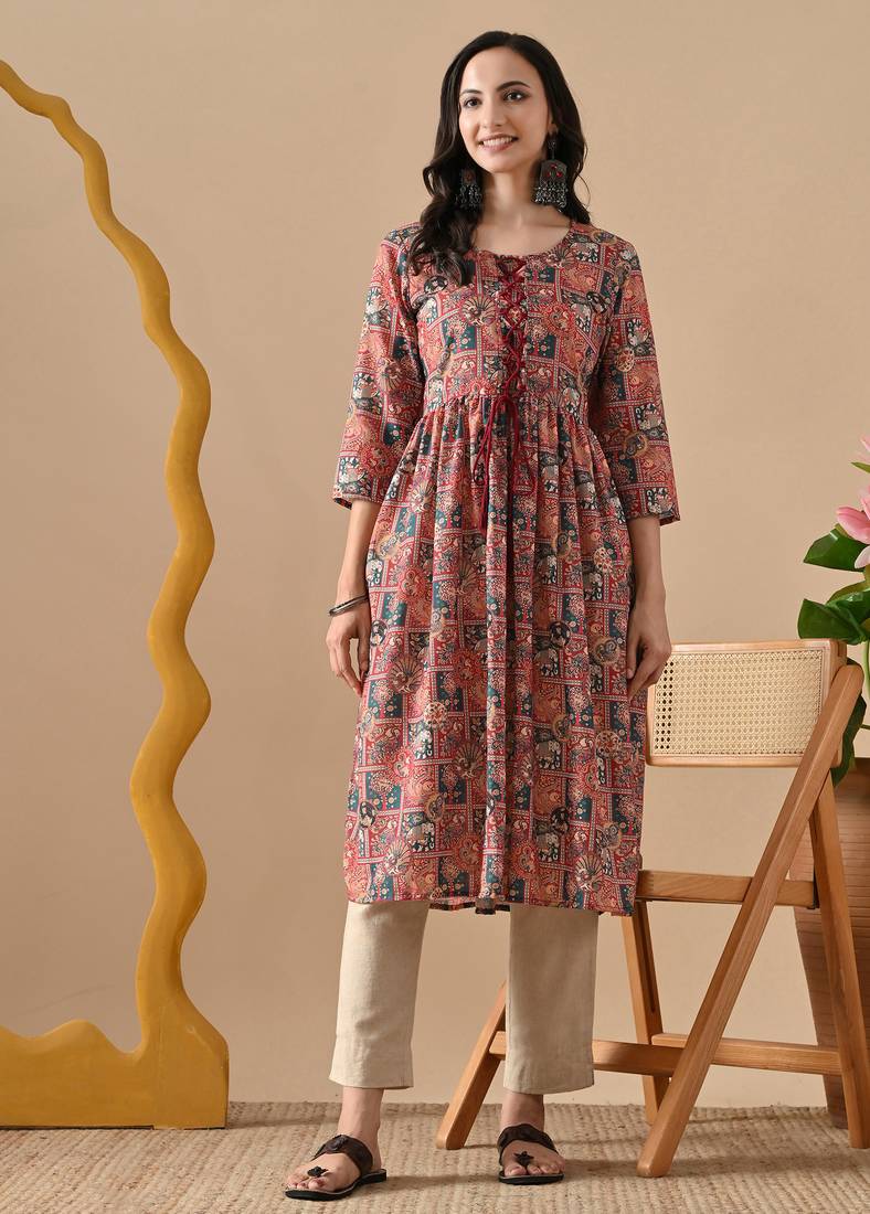 brown  printed viscose rayon ethnic kurtis
