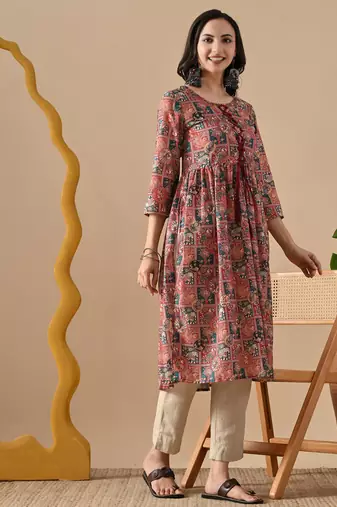 brown  printed viscose rayon ethnic kurtis