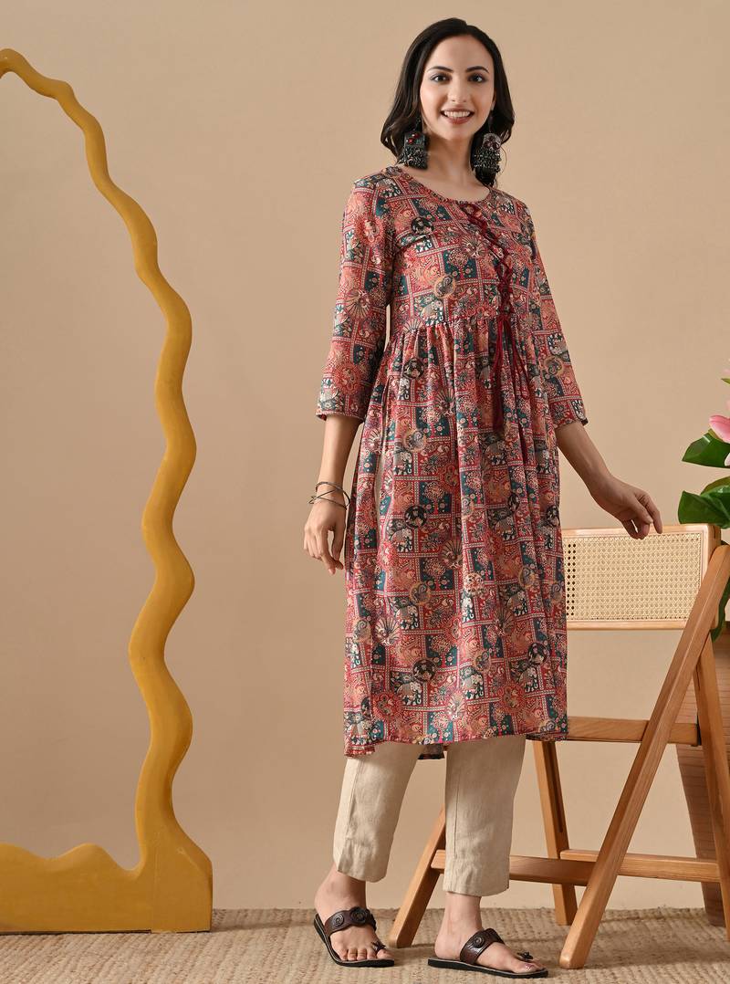brown  printed viscose rayon ethnic kurtis