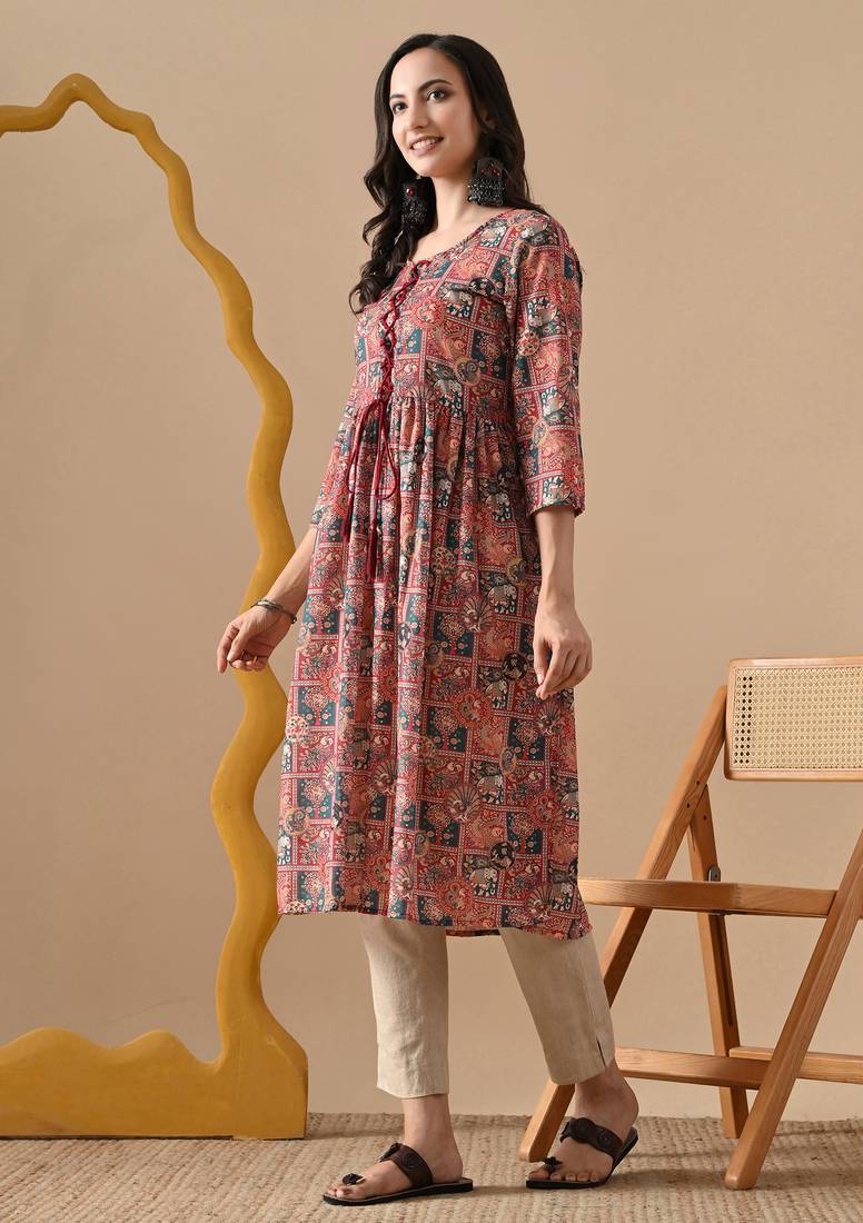 brown  printed viscose rayon ethnic kurtis