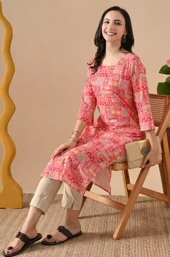 pink  printed viscose rayon ethnic kurtis