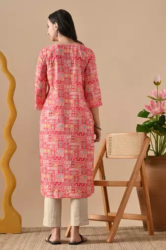 pink  printed viscose rayon ethnic kurtis