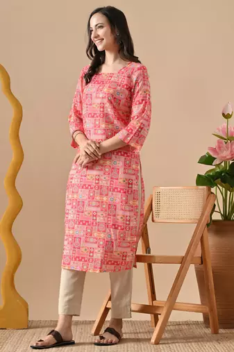 pink  printed viscose rayon ethnic kurtis