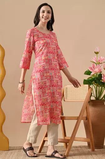 pink  printed viscose rayon ethnic kurtis