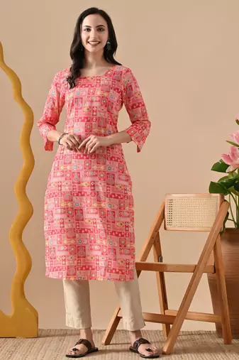 pink  printed viscose rayon ethnic kurtis