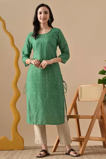green  printed viscose rayon ethnic kurtis