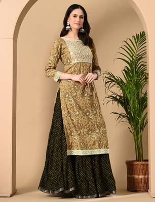 light yellow printed viscose rayon ethnic kurtis 4