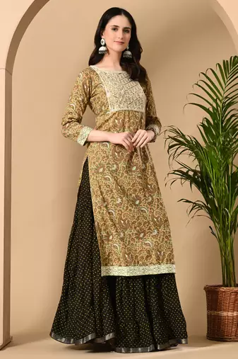 light yellow printed viscose rayon ethnic kurtis