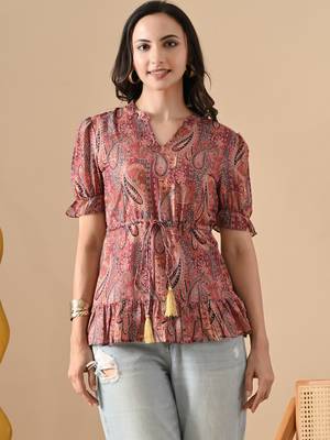brown printed viscose rayon short kurti 1