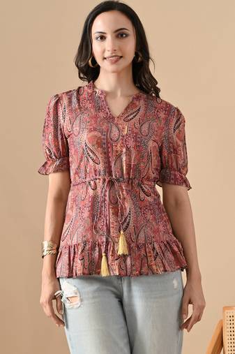 brown printed viscose rayon short kurti