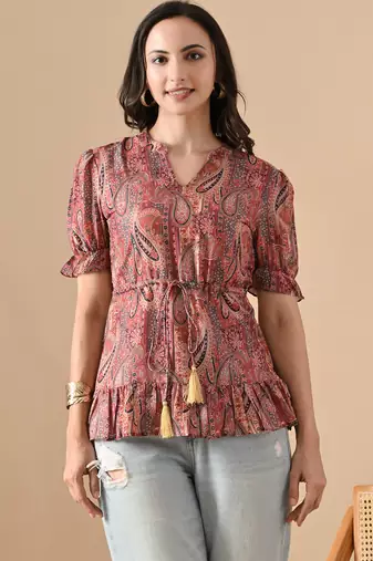 brown printed viscose rayon short kurti