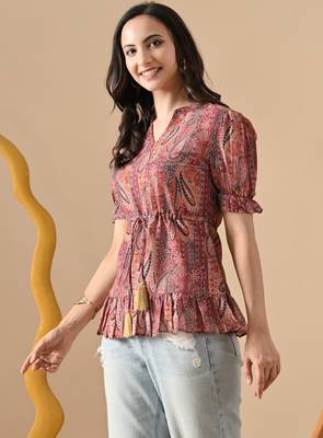 brown printed viscose rayon short kurti 3