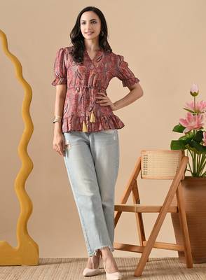 brown printed viscose rayon short kurti 5