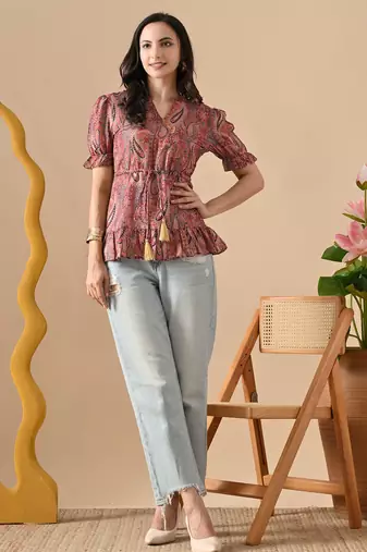 brown printed viscose rayon short kurti