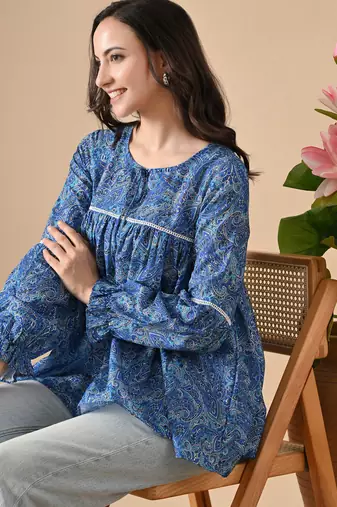 blue printed viscose rayon short kurti