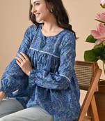 blue printed viscose rayon short kurti