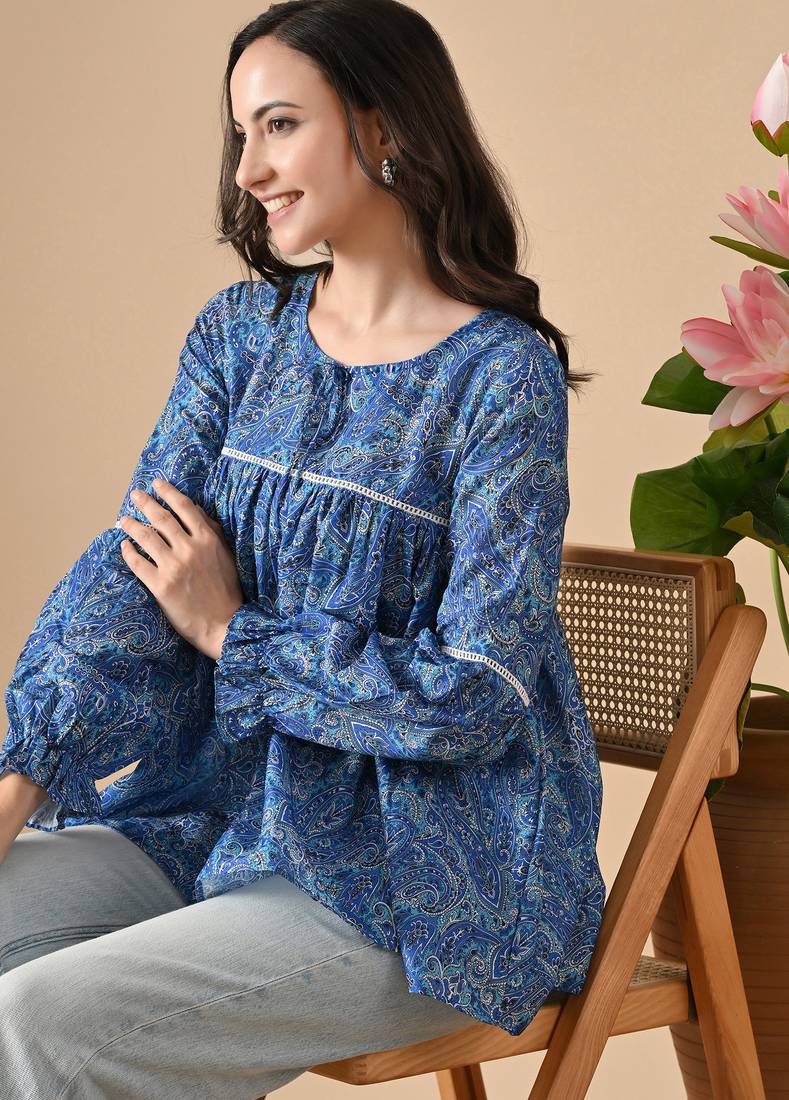 blue printed viscose rayon short kurti