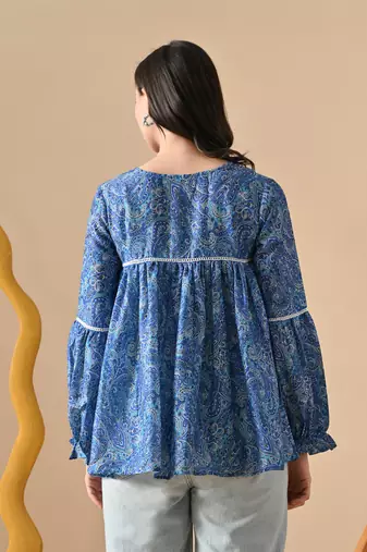 blue printed viscose rayon short kurti