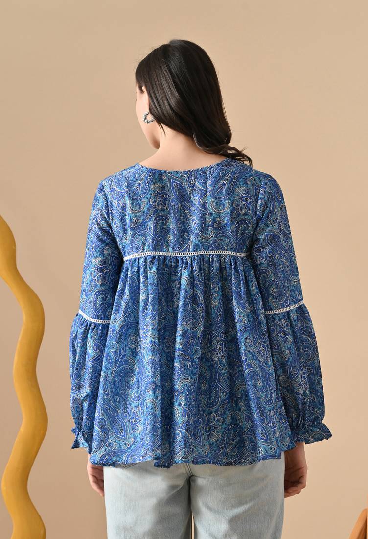 blue printed viscose rayon short kurti